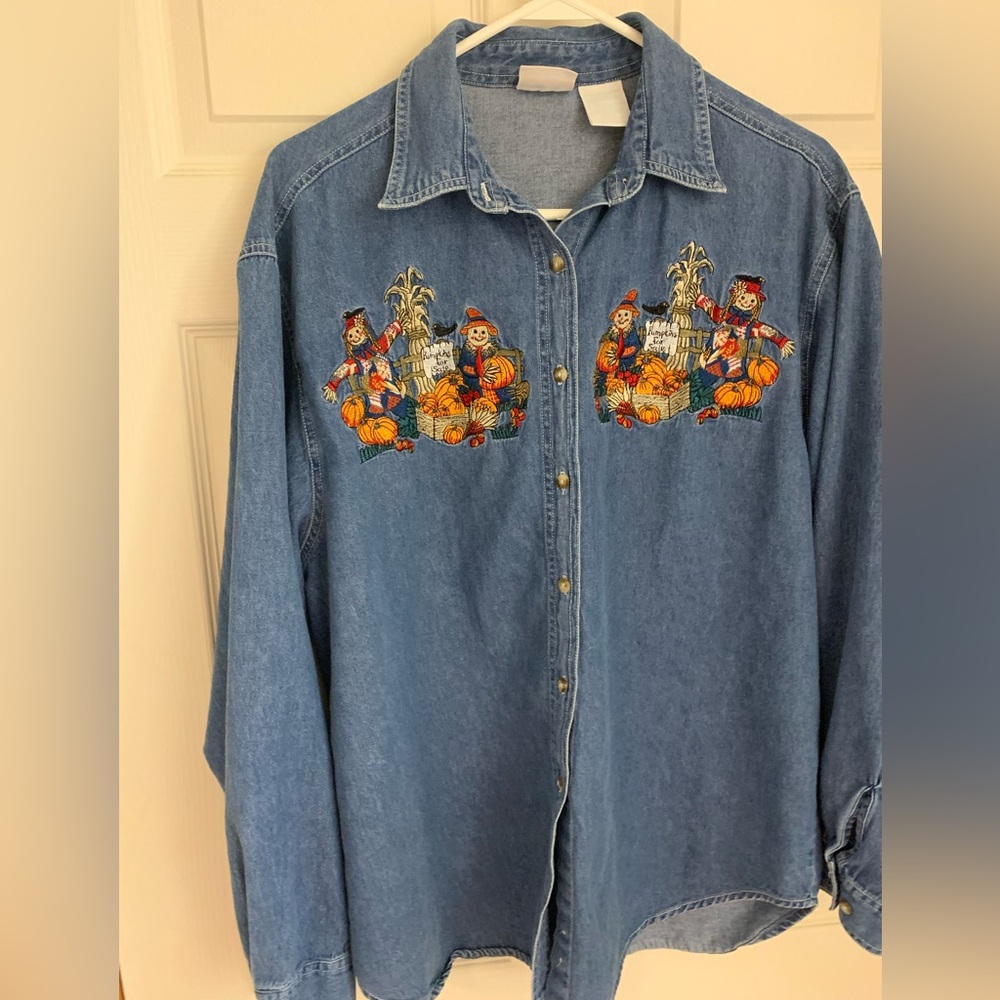 Bobbie Brooks Blue Denim Button Down Shirt with Embroidered Scarecrows